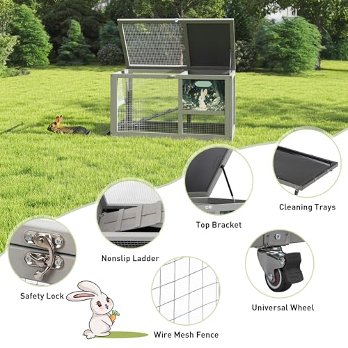 COZIWOW Fashionable Wood 36In Rabbit Hutch Indoor on Wheels Bunny Cage Outdoor Rabbit Cage with Clean Tray, Openable Roof, Anti-Slip Ramp for Small Bunny Rabbit (Grey with Pattern) - color: Grey
