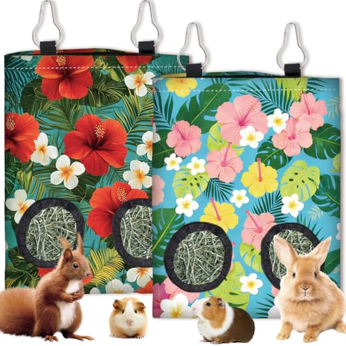 2Pcs 2 Styles Guinea Pig Hay Feeder Rabbits 11.6 x 9.1 Inch Tropical Flowers Design, Hanging Hay Holder Cloth Washable Feeding Storage Bag with 2 Holes for Rabbit Bunny Chinchillas Hamsters - color: Flower-2