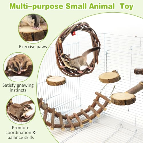 BNOSDM 6PCS Chinchilla Cage Accessories, Natural Wood Sugar Glider Climbing Bridge & Perch Platforms, Rat Enrichment Toys Set for Small Animals Squirrel, Gerbil, Hamster - color: 6PCS-Wooden Ladder & Swing T-Perch Set