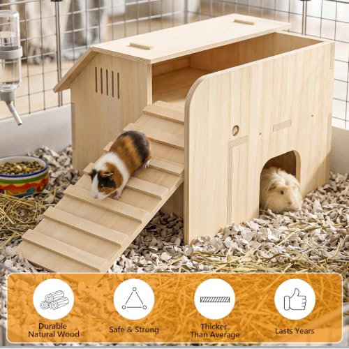 XiaZ Guinea Pig Hideout, Double Decker Wooden Guinea Pig House with Stairs,Two Lower Rooms and One Large Upper Platform,Habitat Hideout for Dwarf Rabbit, Hamster, Chinchilla - size: style3:15.7 x 15.7 x 9.1 inches