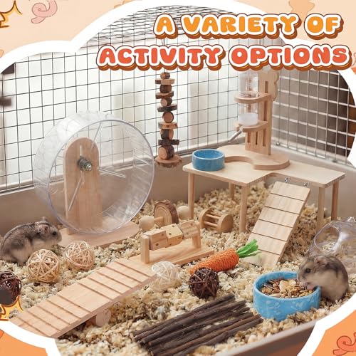 40 Pcs Hamster Cage Accessories, 9.5'' Exercise Wheel, Wood Platform Hideout House, Water Bottle, Sand Bath, Bowl, Chew Toys for Syrian Hamsters Mice Gerbils Habitat Decor(Interactive Style) - style: Interactive style