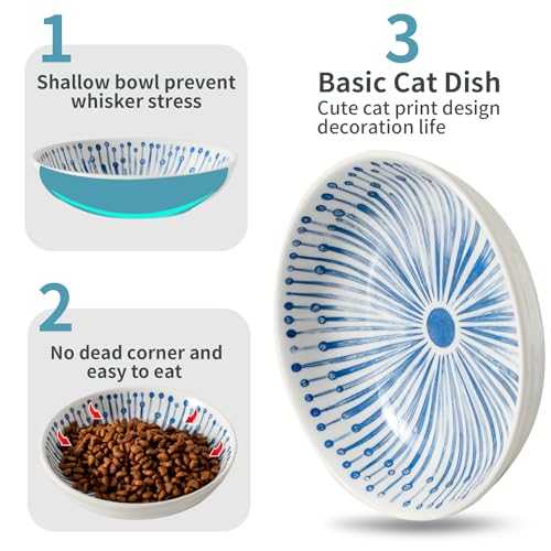 3 Ceramic Cat Bowls,5.5 inch Wide Shallow Cat Food Bowl for Relief Whisker Fatigue B Style - color: Blue-B