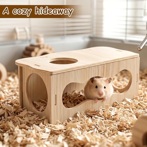 Hamster Tunnel Hideout Wooden House, Medium Wooden Hamsters Inspired Tunnels Hamster with Side Top Windows Peep Tunnels Chamber Hideout Tunnel Smooth Streamlined Design for Dwarf and Syrian Hamsters
