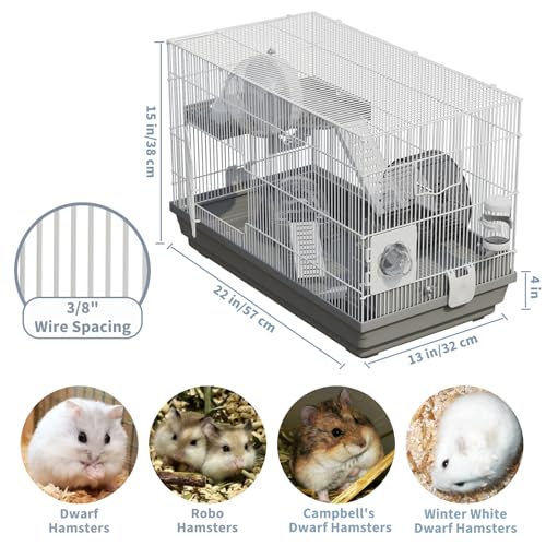 Large Hamster Cage Starter Kit 22x13x15in for Syrian Hamster Dwarf Hamster | Multilevel with Hanging Hideout Ø6", Silent Wheel Ø6", Sand Bath, Tube Ports, Platforms, Ladders, Water Bottle, Food Bowl