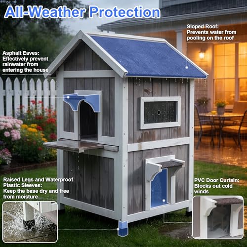 Rockever 2-Layer Outdoor Cat House, Weatherproof Wooden Outside Cat Shelter | Weatherproof grey wooden shelter with escape door, roomy resting spaces and secure protection for feral and outdoor cats