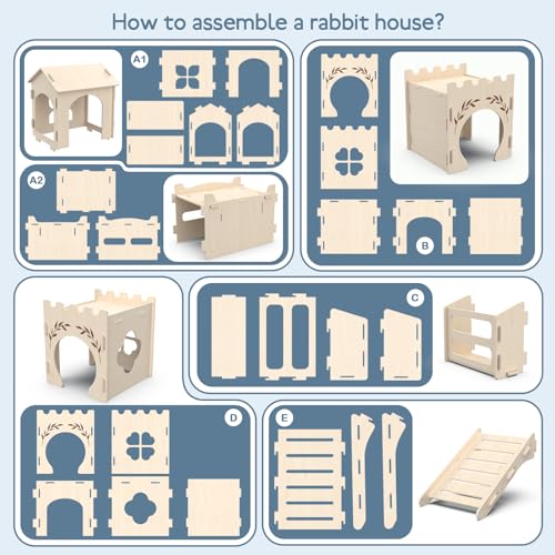 2-Level Wooden Rabbit Castle with Ramp and Hay Feeder | 3 connected rooms, center tower, rooftop platform, ramp, side hay feeder and multiple entrances for indoor enclosures - size: Extra Large
