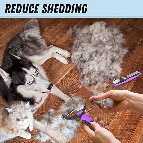 Docrok Pet Grooming Brush and Metal Comb Combo - Undercoat Rake for Dematting and Deshedding Long Matted Haired Dogs and Cats, Purple | Dematting Deshedding Undercoat Rake, Cat Brush Dog Brush Shedding Tool for Long Matted Haired Pets - color: Purple