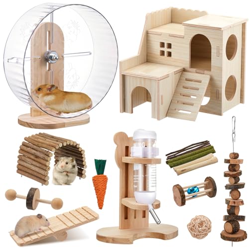 18 Pcs Hamster Cage Accessories Silent Hamster Wheel 15 Toys Set | Maze Wood House and Water Bottle Set for Rat Mice Small Animals Habitat Decor Enrichment Starters(Fun Interactive Style) - style: Fun Interactive Style