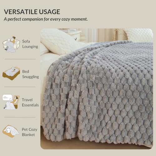 XeGe Luxury Bubble Fluffy Faux Rabbit Fur Bed Blanket King, Light Grey | 104"x90", Double-Sided, Hypoallergenic, No-Shed, Washable, Warm Furry Blanket for Master Bedroom, Couples & Family Snuggling - color: Light Grey, size: King (104" X 90")