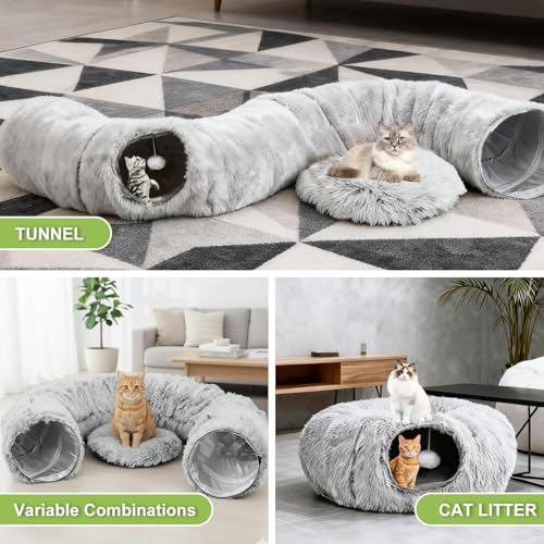 Cat Tunnel Bed for Indoor Cats, Plush Donut Tunnel with Washable Cushion | Peekaboo Cat Hideaway Cave Toy for Kittens, Puppy, Rabbit and Small Pets, Grey