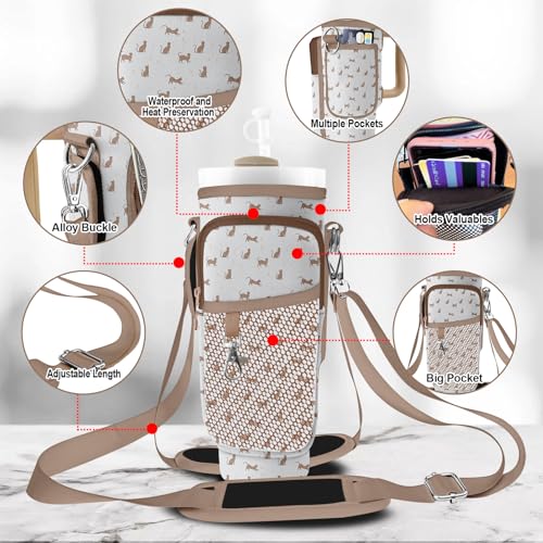 Stanley Carrier Bag for Stanley 40oz/30ozTumbler with Phone with 2 Adjustable Strap,3 Pockets Bottle Stanley Cup Carrier Bag & Case,Accessories for Hiking Travelling - color: Cut Cat