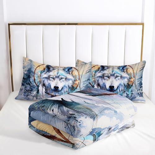 Nttopship White Wolf Comforter Sets Queen Size for Kids,White Wolves 3D Cartoon and Dream Catchers Comforter Sets All Season 1 Comforter and 2 Pillowcases - color: White Wolf, size: Queen