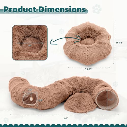 DUMOS Cat Tunnel Bed for Indoor Cats, Cave Donut Play Tunnel, Brown | Soft Plush Peekaboo, Washable Circle Cushion, Multifunctional Playground Under Tree Toys for Kittens, Puppy, Rabbit, Ferret - color: Plushy Brown