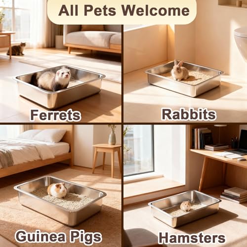 Low Entry Stainless Steel Litter Box for Kitten, Small Shallow Metal Litter Pan Tray for Rabbits Hamsters, Easy to Clean Pet Bathroom Accessories-15.75''Lx 11.81'' W x4'' H - color: 15.75''Lx 11.81'' W x4'' H