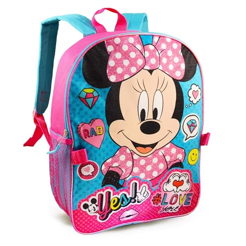 Disney Minnie Mouse Backpack with Lunchbox Set for Girls Bundle + More | 16in Large Durable Minnie Bookbag w/ Insulated Lunch Box Plus Water Bottle, Stickers, More - Minnie Mouse School Supplies