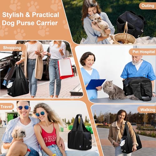 Small Dog Purse Carrier for Puppy Cats Yorkie Chihuahua,Up to 15lbs | Soft-Sided Pet Tote Bag with 4 Large Pockets, Lightweight, Foldable, for Travel Outings Vet (15.4"L×7.9"W×11.8"H, Black) - color: Black