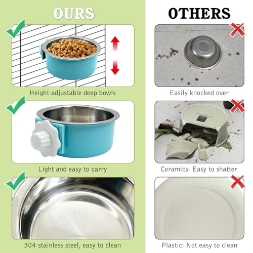 Tfwadmx 4 Pcs Crate Dog Bowl Cat Removable Stainless Steel Food and Water Feeder Hanging Cage Bowls Coop Cup with Cleaning Set for Pet Puppy Bird Rat Guinea Pig Ferret Bunny Rabbit (Light Blue, Pink) - color: Light Blue, pink (4 PCS)
