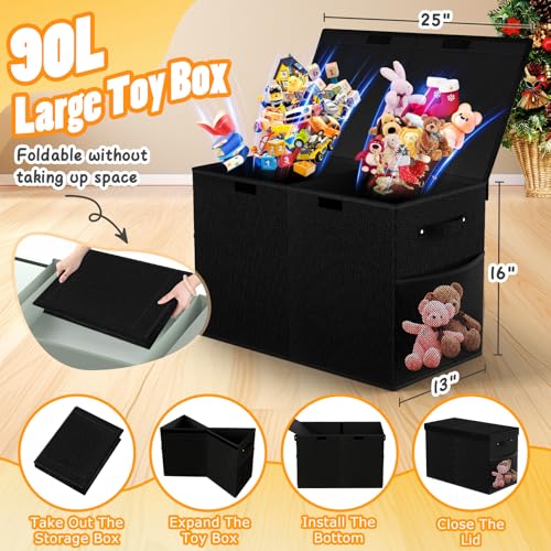 Large Toy Storage Box with Lid, Dividers, Collapsible Kids Toy Chest, Black | Toy Box for Boys, Girls, Nursery, Bedroom, Living Room, Playroom, 25 x 13 x 16 inches - color: Large Black
