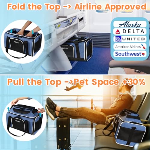 Top-Expandable Small Pet Carrier 17"x11"x9.5" Airline Approved | for Alaska Airlines, Lockable Safety Zippers and Anti-Scratch Mesh, Soft-Sided, Pets Under 10 Lbs, Blue - color: Blue, size: 17.0"L x 11.0"W x 9.5"H