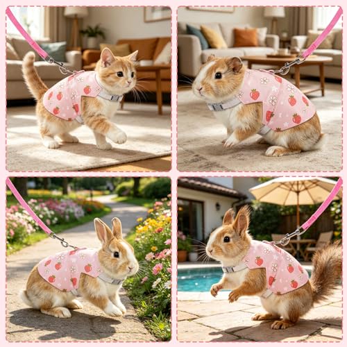 Bunny Harness and Leash Set Adjustable Escape Proof Rabbit Harness Double Buckle Bunny Accessories for Small Animal Pets Walking Training (Pink Strawberry, M -Chest(10.2-11.8in))