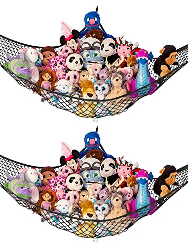 Stuffed Animal Hammock 2 Pack | Corner Stuffed Animal Storage & Plushie Net | Toy Hammock for Stuffed Animals | Holds 12lbs | Easy Hang, All Hardware Included | Black Bedroom Decor | by Lilly's Love - color: Black, size: 2 Pack (L) - 67" x 47" x 47"