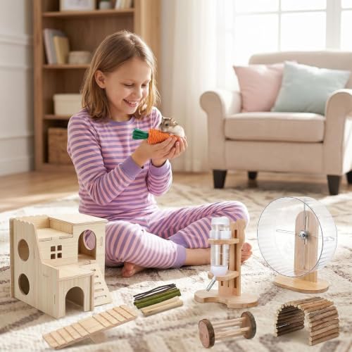 26 Pcs Hamster Cage Accessories, Silent Wheel & Wood House Set | Includes Maze House, Water Bottle, 13 Chew Toys, Seesaw Bridge; Natural Wood, for Guinea Pigs Chinchillas Gerbils Mice Rats