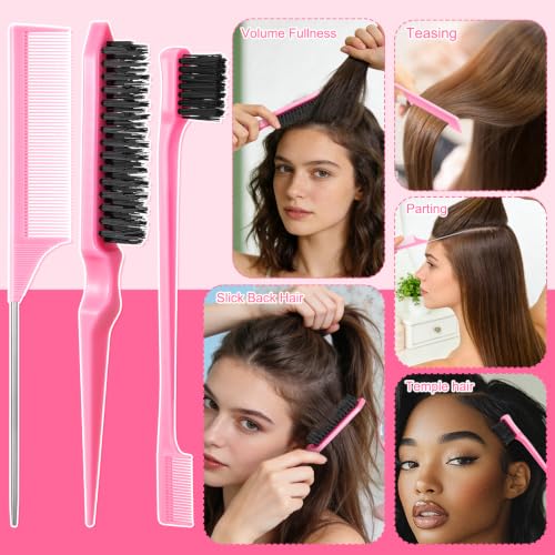 5 Pcs Pink Slick Back Hair Brush Set, Boar Bristle Hair Brush with Wide Tooth Comb, Edge Brush, Teasing Brush, Rat Tail Comb for Women Men - color: Pink