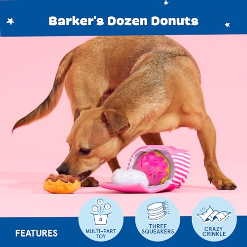BarkBox Barker's Dozen Donuts 4-in-1 Interactive Plush Dog Toy | Squeaky Dog Toys with Crinkle Box - For Small Dogs and Puppies - color: Donuts