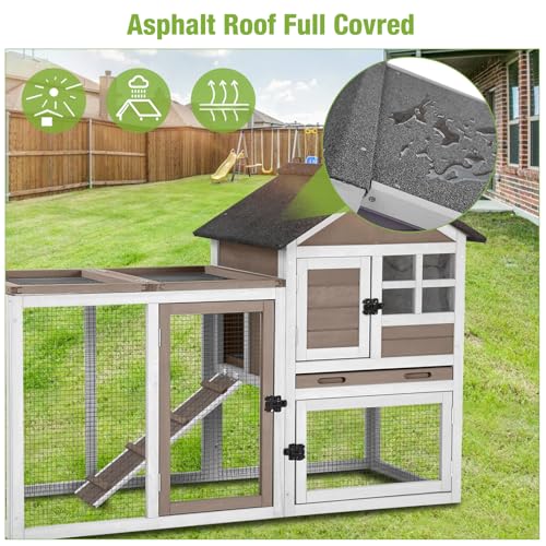 51.6’’ Large Rabbit Hutch Indoor Outdoor, Bunny Cage with Run, Wooden Rabbit House with Anti-Chewing Ramp, Waterproof Roof and Leakproof Deeper Tray (Brown) - color: Brown
