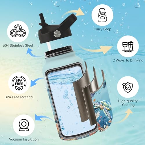 25oz Turtle Water Bottle with Straw Lid & Direct-drink Lid - Sea Turtle Stainless Steel Water Bottles, BPA-free Leakproof Under the Sea Sports Waters Bottle for Office Travel, Gifts Cup for Sea Lover - color: Turtle