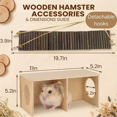 Hamster Hideout Tunnel and Hamster Bridge Set, Wooden Hamster Cage Accessories, Hamster Platform and Hamster Toys, 2-Chamber Multi-Room Climbing Toy for Syrian Dwarf Hamsters, Gerbils, Rats