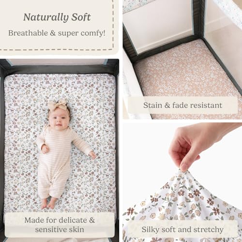 Pack and Play Sheets Fitted, Mini Crib Sheets for Graco Pack N Play Playard (38x26), Ultra Soft Organic Cotton Blend, Safe & Snug Playpen Mattress Sheet for Baby Boys & Girls – Fleurette, 2-Pack - color: Fleurette