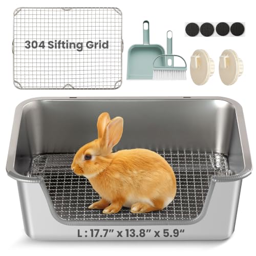 Rabbit Litter Box, Extra Large Bunny Litter Box with 304 Stainless Steel Sifting Tray & Hooks, Rabbit Litter Box, Easy to Clean and Odor Control (17.7" × 13.8" × 5.9")