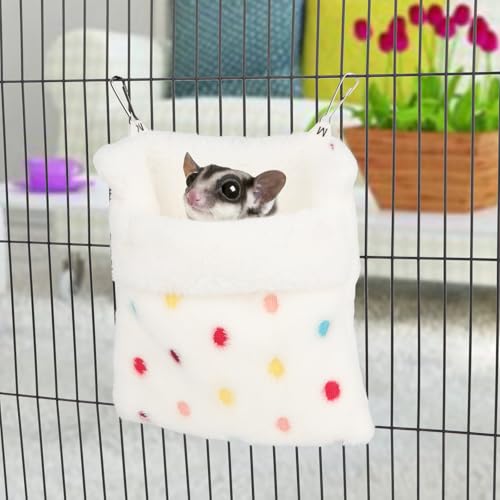 Sugar Glider Sleeping Pouch Hanging Bed for Small Pets, White | Soft flannel warm & cozy, pouch snuggle design, metal hooks for easy hang, portable, fits hamsters/rats/hedgehogs/squirrels - color: White