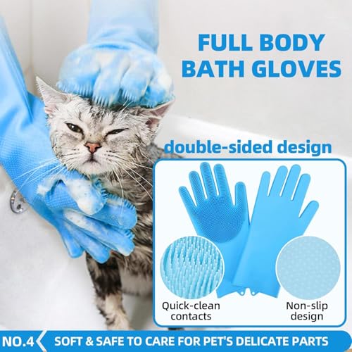 Bath Grooming Kit with Hair Brush, Towel & Scrubber Gloves - 6-in-1 Slicker Brush for Shedding Dogs & Cats, Blue - color: 6-Bath-Blue