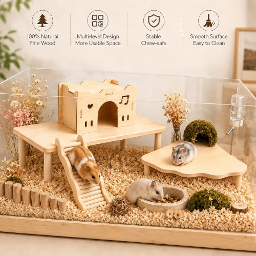 Large Hamster Platform Set Wooden Hamster Cage Accessories 4PCS | large size hamster cage platform natural wood hamster hide hamster accessories for Dwarf Syrian Hamsters Gerbils Mice Degus - color: 4PCS
