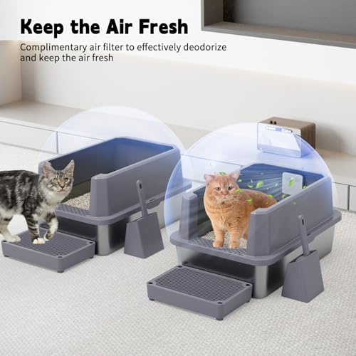 RIZZARI Stainless Steel Litter Box: Leakproof 2-Pack High Walls for Cats | 6.5" Anti-Spill Walls / Dual Filtering Holes / 304 Non-Absorbent Base / Teflon Easy-Clean / Built-In Deodorizer - color: Cool Gray with Deodorizer, 2 Pack