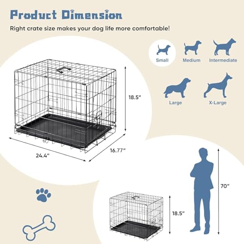DUMOS 24 Inch Dog Crate, Foldable Puppy Small Dog Cage Pet Kennel | Single Door Metal Wire, Plastic Leak-Proof Pan Tray, Portable Indoor Outdoor Training Travel - size: 24"L x 16.5"W x 18.5"H