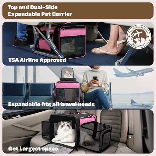 Top and 2 Sides Expandable Pet Carrier 17x11x9.5 TSA Airline Approved | Dog Carriers for Small Dogs, Soft-Sided Cat Carrier, Anti-Scratch Mesh, Lockable Zippers, for Kitten, Rabbit, Puppy, Pink - color: Pink, size: 17.0"L x 11.0"W x 9.5"H