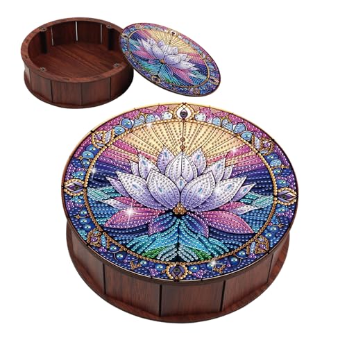 JISHSHAY Diamond Art Storage Box Lotus Diamond Painting Wooden Snack Box Flower Gem Painting Candy Box Gem Art Organizer Case Embroidery Kit Mosaic Kits for Adults Storage Containers with Lid - color: Lotus