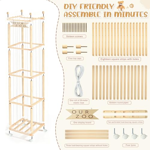 OurWarm Stuffed Animal Storage & Organizer, 68.5 Inch Large Wooden Zoo Stuffed Animal Holder with Wheels, Kids Toy Storage Organizer for Nursery Storage, Toddler Rooms, Playrooms, Bedroom Organization