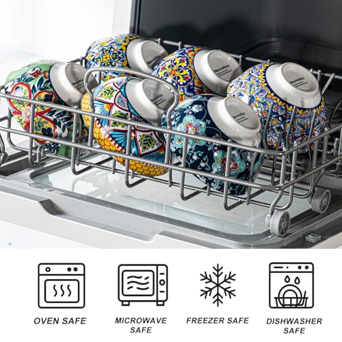 HENXFEN LEAD Boho Ceramic Dessert & Snack Bowls Set of 6, 10 oz | Assorted Patterns, Ideal for Ice Cream, Yogurt, Fruit, Nuts, Rice & Side Dishes, Microwave & Dishwasher Safe - size: 10 Oz