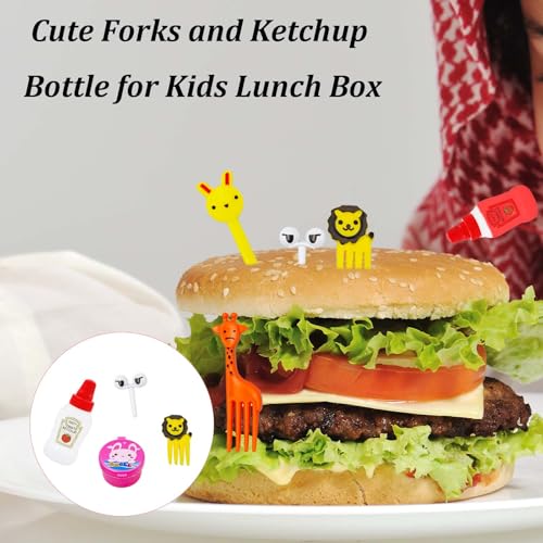 55-Pack Bento Box Accessories & Mini Condiment Bottles Set | 55pack: 4 mini condiment bottles, 40 animal food picks, 4 sauce containers, 7 divider cups. BPA-free, leak-proof, reusable.
