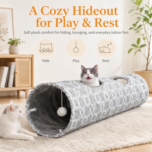 Geometric Straight Cat Tunnel with Plush Inside,Cats Toys Collapsible Tunnel Tube with Balls, for Rabbits, Kittens, Ferrets,Puppy,Diameter 11.8 Inch - size: Extra Large Straight Tunnel