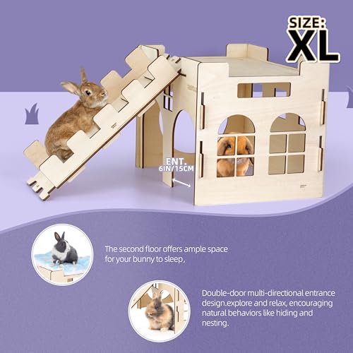 HIIMALEX Castle&Tunnel&Bed 3-in-1 Bunny's Gift Box: Extra Large Wooden Bunny Hideout with Ramp, Collasiple Tunnel and Soft Bed for Rabbit Guinea Pig Ferret Gerbil Hedgehog to Play Hide and Rest