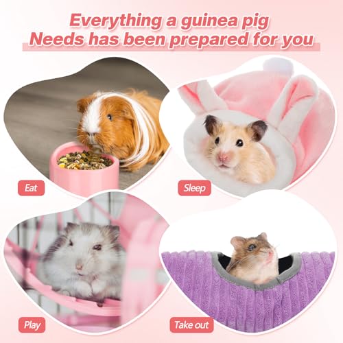 Teenyyou 24 Pcs Small Guinea Pig Starter Kit Essentials for Hamster Cage Accessories Toys House Bed Cage Cleaner Food Bowl Water Holder Carrier Bag Teething Toys Liner Tunnel for Beginner(Pink) - color: Pink
