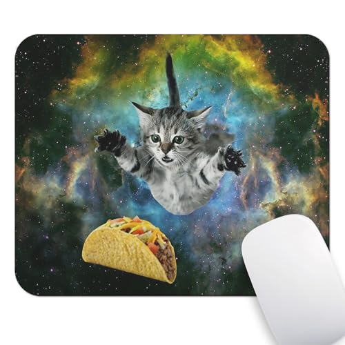 Cute Space Cat Funny Meme Mouse Pad, Galaxy Kitten Chasing Taco Desk Mat | Cosmic Surreal Joking Pet Graphic, Vibrant Nebula, 9.5 x 7.9 Inches, Anti-Slip Base, Cute Smooth Mousepad - color: Space Cat