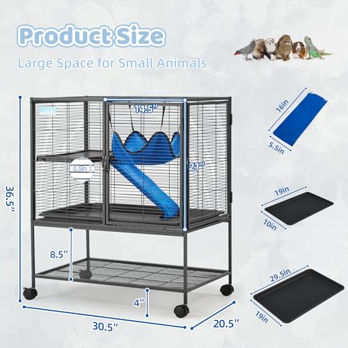 Fragess Large 36.5" Rolling Metal Cage, 2-Tier Small Animal Cage for Ferrets, Chinchillas, Rats, with 0.5'' Bar Spacing, Removable Ramp & Platform (Medium)