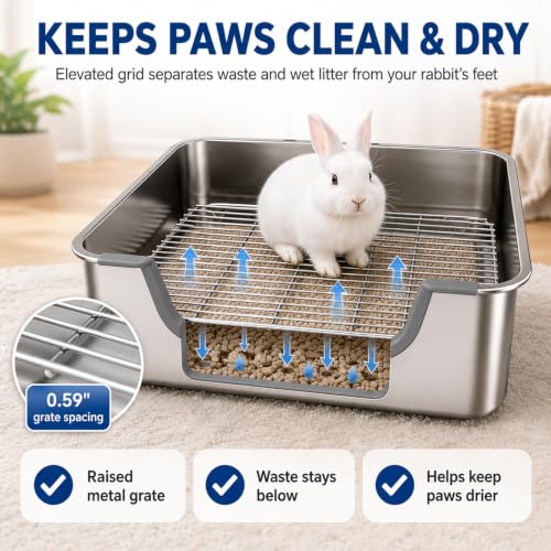 Stainless Steel Litter Box for Rabbit, Metal Bunny Litter Box Sifting Large | Non-Chewable, Easy to Clean, Long-Lasting Use, Odor Control, L: 17.2" x 13.4" x 5.9"
