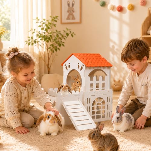 Large Rabbit House, Wooden Bunny Castle with 3 Houses Indoor, Rabbit Guinea Pig Cage Multistory Climbing Tower Sturdy Wooden Castle, Small Animal Hideaway Tunnel, Orange - size: 3 Houses-Orange